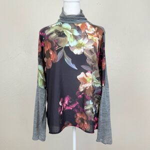 Zara W&B Floral Chiffon Sheer Front Gray Fine Knit Roll Neck Turtleneck Top L